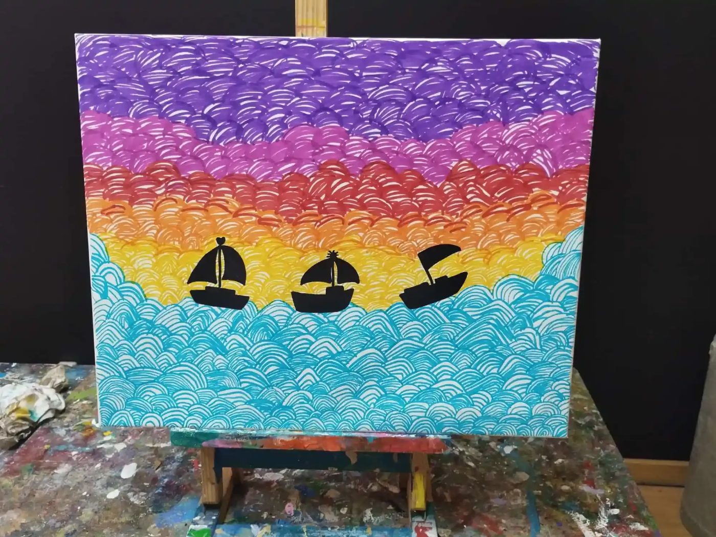 Atardecer en acrílico con barcos de vela