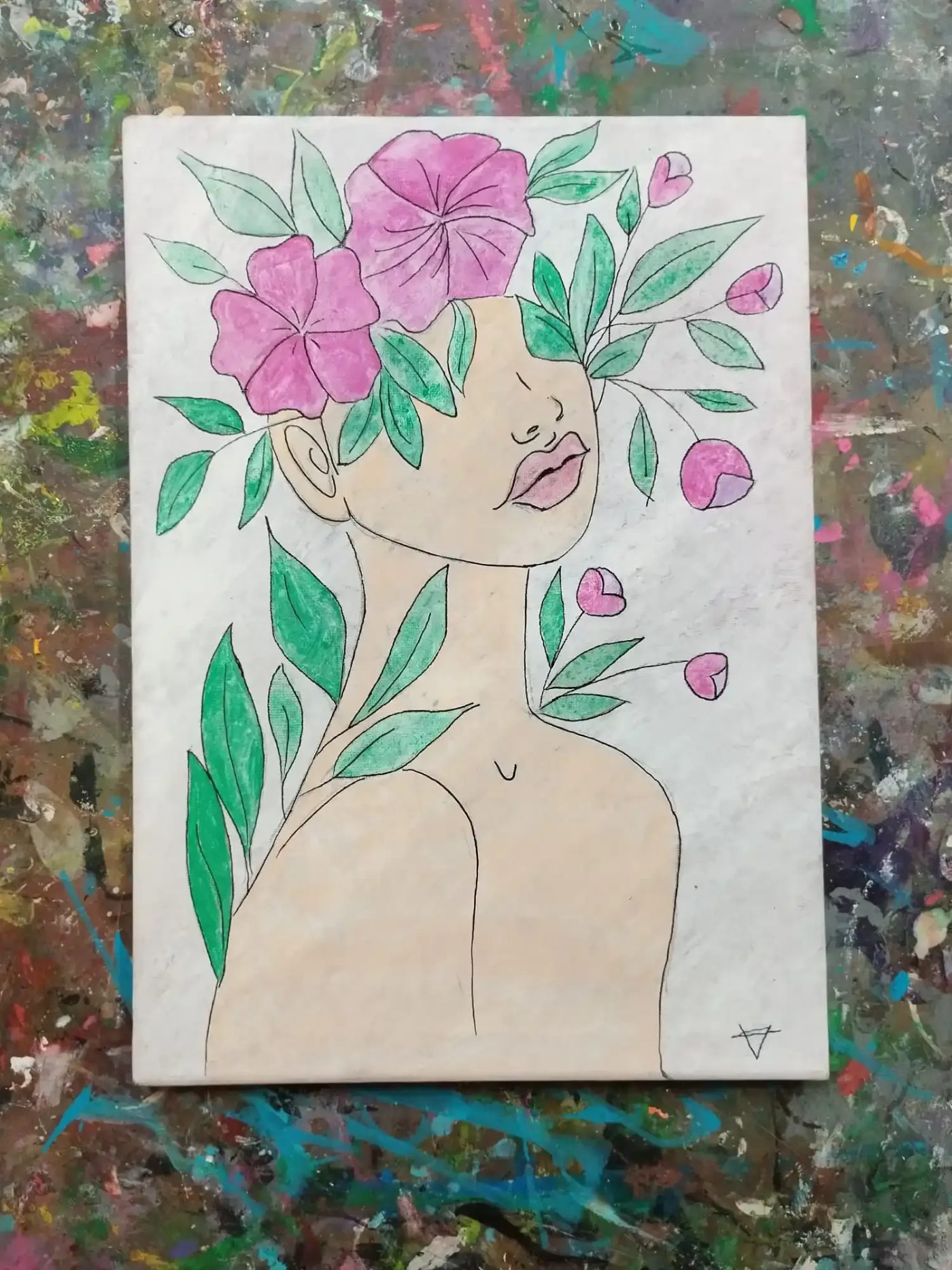 Ilustración de una chica con flores en el pelo