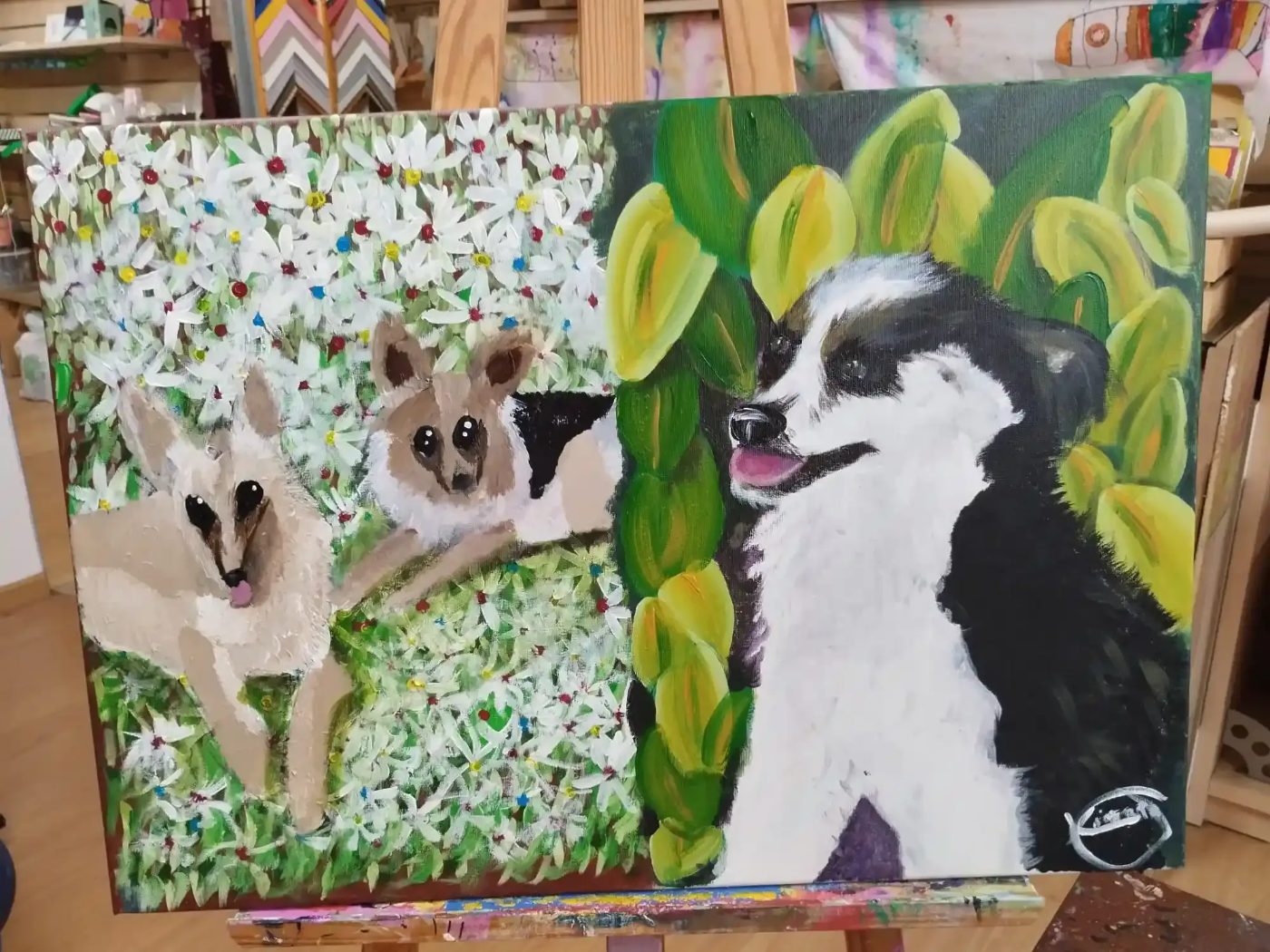 Perro en un bosque, pintura de una alumna