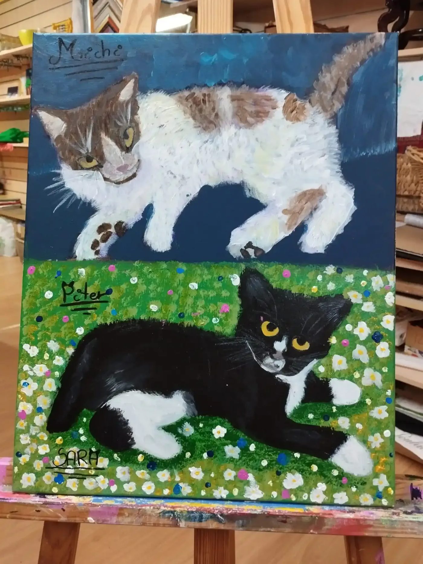 Gato blanco y negro pintado en acrílico